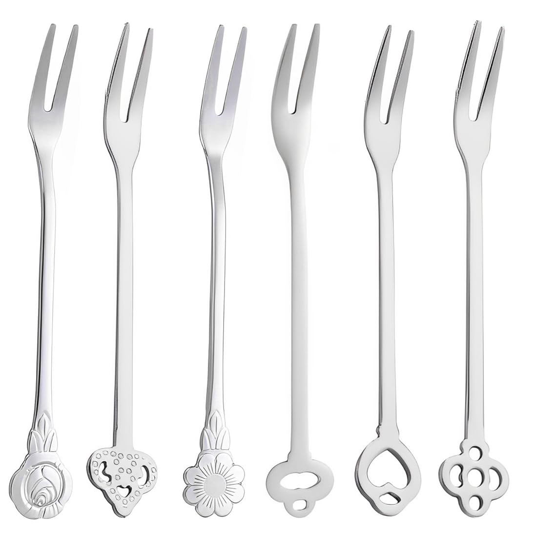 6 Forchette Da Frutta Per Bambini In Acciaio Inox Con Impugnatura In Silicone - Colorate, Forme Di Cuori E Fiori, Antiscivolo