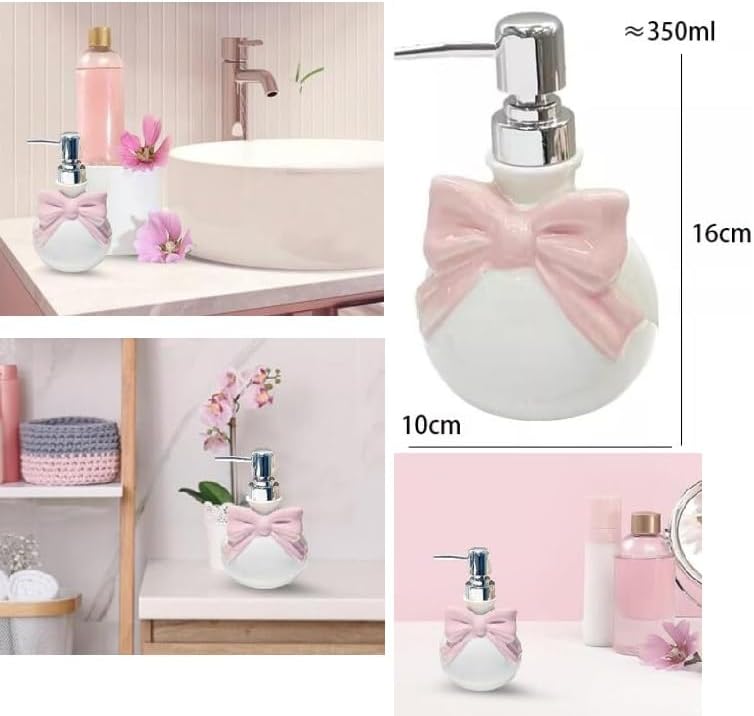 EatingBiting 350ml Pink Ceramic Pump Bottle with Bow Refillable Hand Soap Dispenser Bathroom Countertop Decorative Accessories Soap Bottle Container for Essential Oils Lotions Wide Application