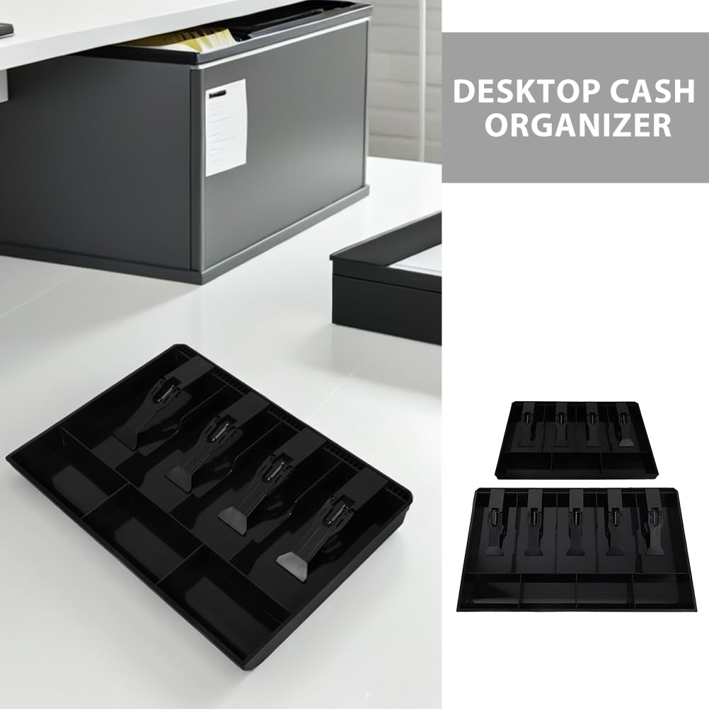 Bandeja Organizadora de Dinero para Caja Registradora, Plástico Negro | 2 Piezas, Diseño de Cajón con Compartimentos para Billetes y Monedas, Uso en Oficina y Papelería