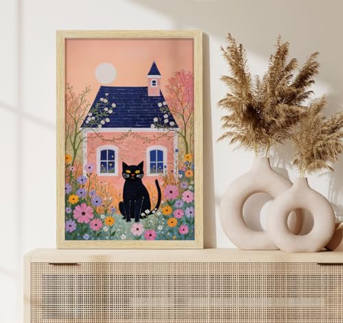 Image of ArtX Paper Boho Cat Art Paintings with Frame for Home Decor, Abstract Wall Painting for Living Room, Multicolor, Natural Wood Color Frames, 12.0 x 18.0 inch, Set of 2