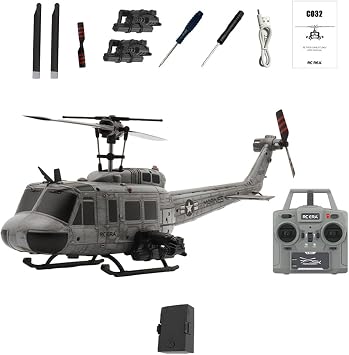 RC ERA C032 UH-1 Huey Weathered Gray RC Helicopter 1/48 Scale 6-CH Remote Control with Gyro Stabilization, Intelligent Positioning, One-Key Inverted Flight, Great for Hobbyists 1 Battery