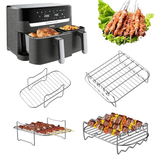 Putentfun 2Pcs Air Fryer Rack Set for Tefal Easy Fry 5.2L/3.1L Tower T17099 Lakeland 5L/3L Salter EK5729 Food Grade Stainless Steel Ninja Air Fryer Accessories Layered Dehydrator Racks Skewer Rack