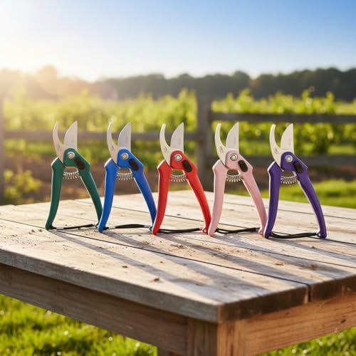 Image of Garden Pruning Shears, Stainless Steel Blades, Green Handle, Spring Loaded with Safety Lock and Wrist Strap