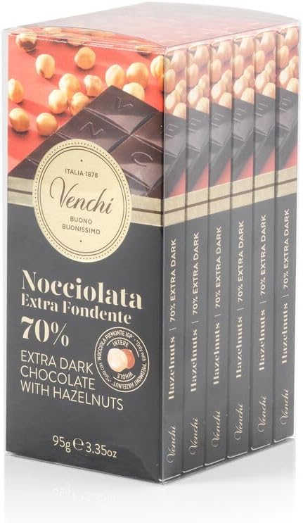 Set of 6 Extra Dark Chocolate Bars 70% with only "PGI Piedmont Hazelnut", 132,25 lb, Gluten-Free, Vegan, Dye-free and Preservative-Free