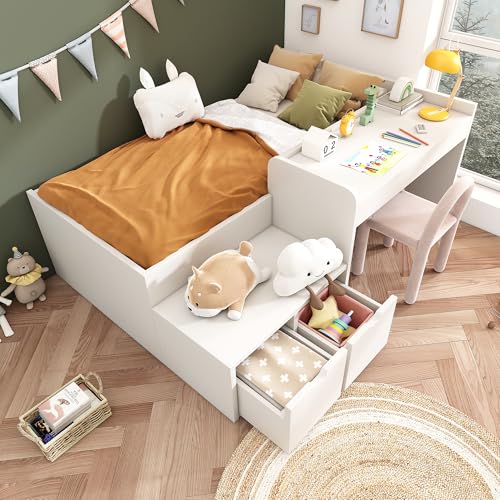 Huayz Cama infantil de 90 x 200 cm de madera maciza, cama individual, multifuncional con escritorio y cajones, cama de almacenamiento con somier, cama plana para niños y niñas, color blanco