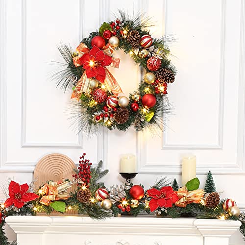 Laxmax Christmas Wreath With Lights, Red&Gold Theme 24In 20Led Pre-Lit Christmas Wreath With Ribbon, Ball Ornaments, Pine Cones And Berries For Door Window Mantle Indoor Outdoor Christmas Decoration #TOP5