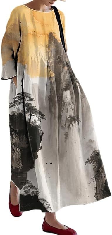 Maxi Dress for Women Plus Size Chinese Ink Wash Style Floral Dress Casual Baggy Dress