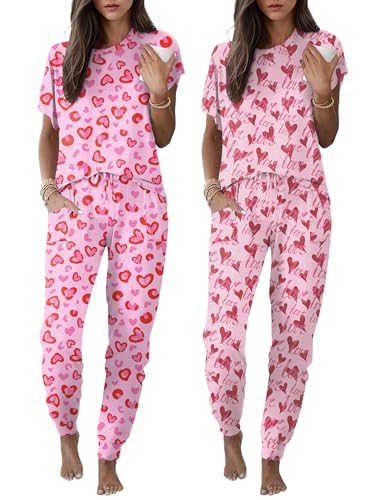 Image of Ekouaer 2 pack Womens Pajama Short Sleeve Jogger Pants Pjs Lounge Set | Pajama Sets with Pockets Comfy Sleepwear for Daily Wear, Sleep, Home, Sport, Workout