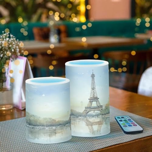 Image of Flickering Flameless Candles, Eiffel Tower Lake LED Candles with Remote Timer, Set of 2 Battery Operated Candle for Valentine Wedding Birthday