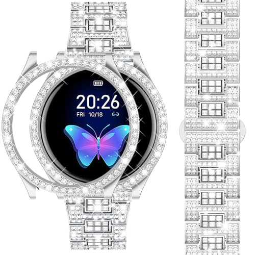 Dsytom Bands Compatible with Samsung Galaxy Watch 5/4 40mm 44mm, 20mm Bling Metal Replacement Galaxy Watch 5 Watch 4 Band 40mm 44mm with Rhinestone Protective Case for Women Girls (40mm,Silver)