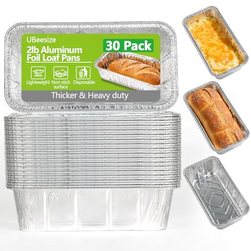 UBeesize 2Lb Thicker & Heavy Duty Disposable Aluminum Loaf Pans 30 Pack Ultra Sturdy 8.5 x 4.5 Foil Bread Pans for Baking Banana Bread Cakes Meatloaf & Food Storage