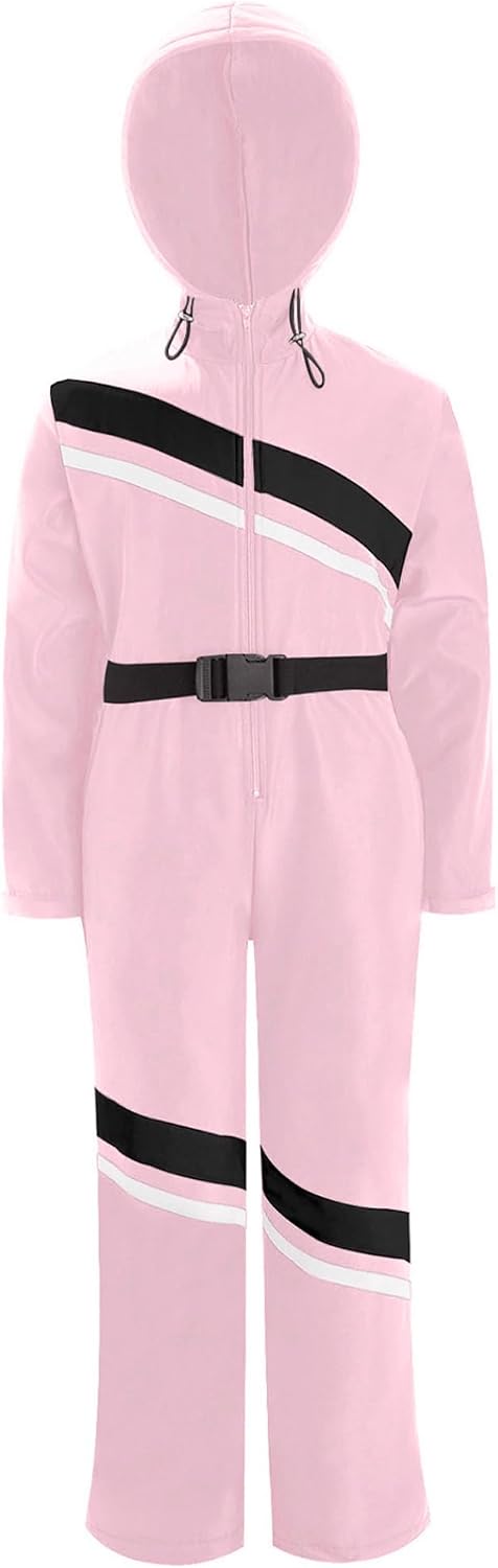 Kids Girls Ski Suit One Piece Hooded Snowsuit Waterproof Snowboard Overall Jumpsuit with Belt Pink 14 Years