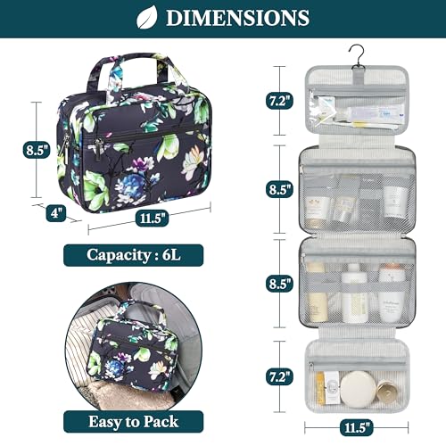 PAVILIA Hanging Toiletry Bag Travel Bag Women Men, Foldable Cosmetic Organizer, Roll up Makeup Bag, Water Resistant Accessories Toiletries, Large Travel Essentials Kit (Grey Floral)2