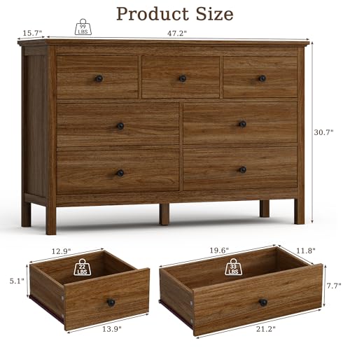 Image of CARPETNAL 47 inch Walnut Dresser for Bedroom with 7 Drawer & Metal Handles