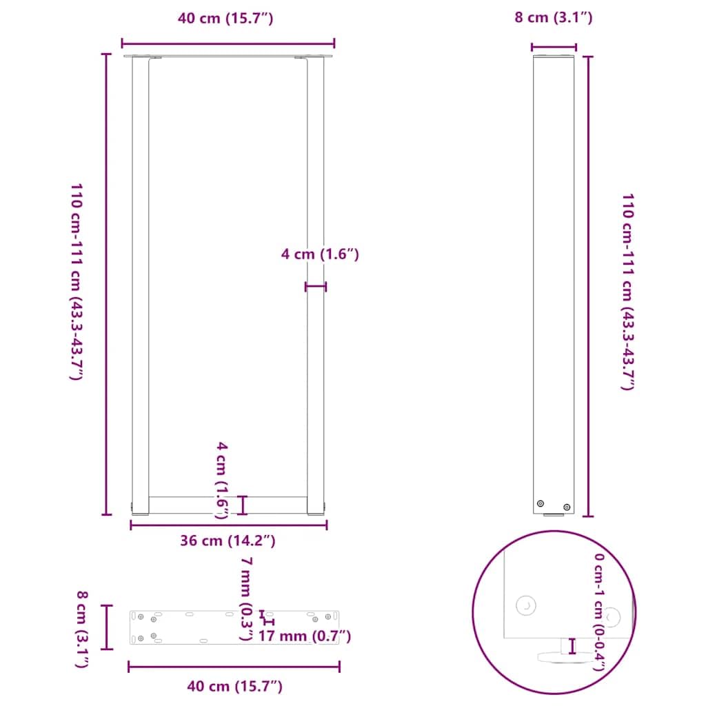 vidaXL Patas para Mesa de Bar en Forma de U (2 Unidades), Color Blanco, 40 x (110-111) cm, Acero