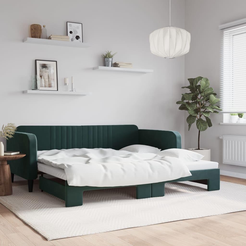 Rozkładane łóżko dzienne, ciemnozielone aksamit, 100 x 200 cm, sofa z funkcją spania 2 w 1 z wytrzymałego metalu i litego drewna, nowoczesne wzornictwo do salonu i sypialni, wszechstronne
