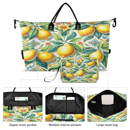 ​​Large Foldable Travel Duffel Bag, Waterproof Gym Bag for Men & Women, Carry-On Luggage Weekender Overnight Bag, Ceramic Tile Lemon Leaves2