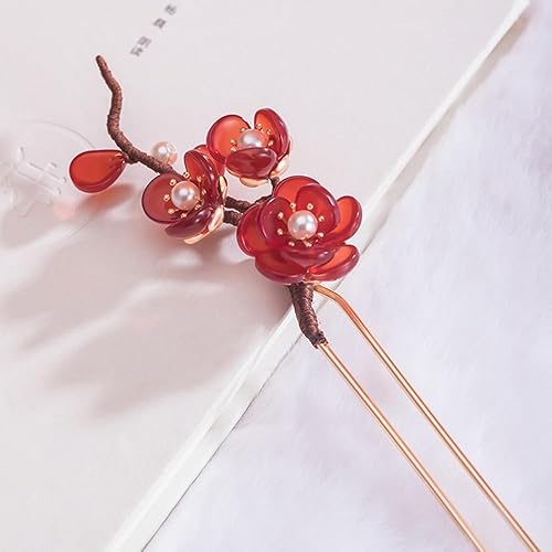 Miniatura 8 de Horquilla de pelo de Kapok con borlas de perlas de flores rosadas, horquilla china estilo Hanfu para el cabello, horquilla para el cabello de resina