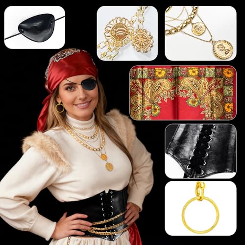 GYIOFAI 6 piezas de accesorios de disfraz de pirata para mujer, bandana pirata, aretes, corsé, cadena de cintura, parche para el ojo, para carnaval, Halloween, fiesta de cosplay (rojo) - imagen 3