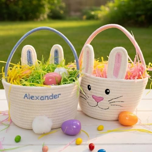 Personalized Easter Bunny Rope Basket (Blue)