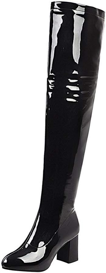 Alsoloveu Womens Patent Leather Stretchy Thigh High Chunky Stacked Heel Over Knee Boots