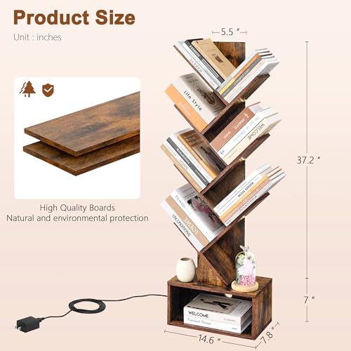 Image of Hoctieon 6 Tier Tree Bookshelf, Tall Bookcase, Freestanding Book Shelf with LED Lights, Display Floor Standing Storage Shelf, Book Organizer Shelves for Home Office, Living Room, Rustic Brown