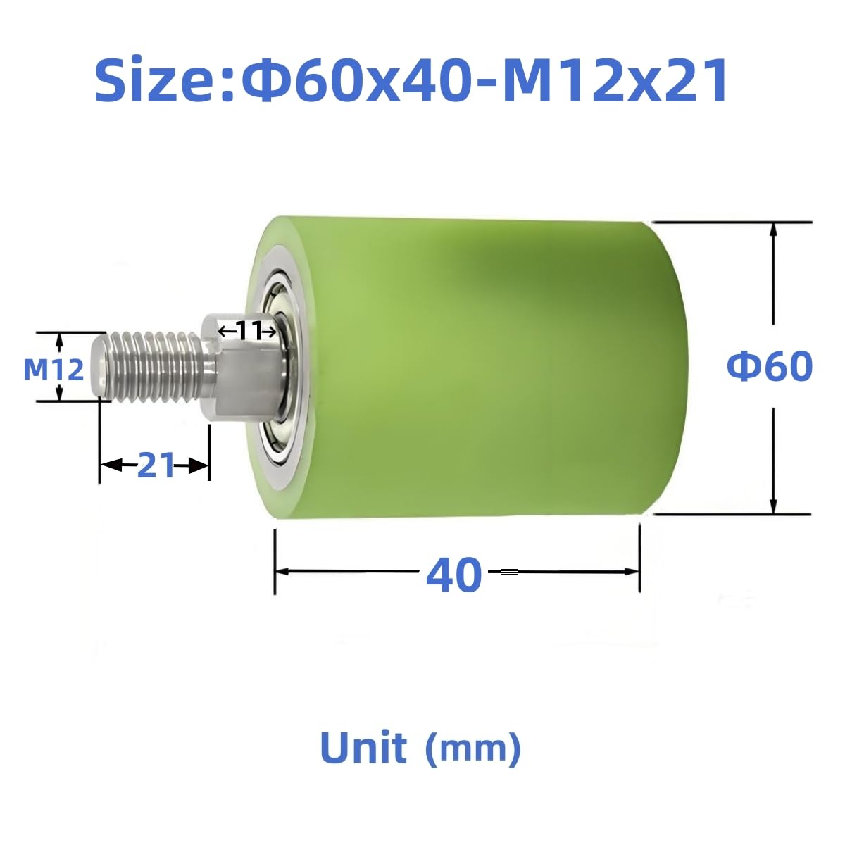 2 Stück Tragrollen mit Außengewinde aus PU,Φ60 mm Schiebetor Führungsrollen Antriebsrollen Eingebaute Doppelkugellager Fliessbandrollen Rollenbahnen Förderrollen (Φ60x40,M12x21)