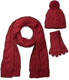kein kratzen styleBREAKER Schal, Mütze und Handschuh Set, Zopfmuster Strickschal mit Bommelmütze und Handschuhe, Damen 01018208, Farbe:Bordeaux-Rot / Schal (One Size)