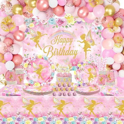 LSJDEER Décoration de fête d'anniversaire féerique – Cadeaux de fête féeriques, assiettes, gobelets, serviettes, nappe, toile de fond Happy Birthday,...