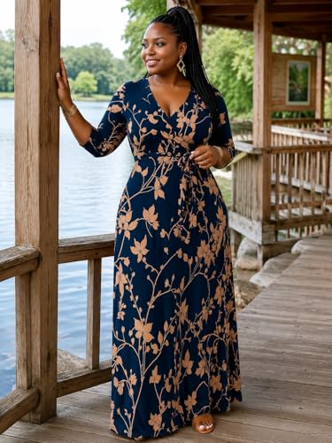 Image of Women's V Neck Floral Maxi Dress 3 /4 Sleeve Plus Size Boho Wrap Flowy Long Dresses with Belt