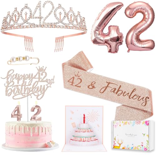 42nd Birthday Decorations for Her Women, Including 42 year old Birthday Cake Topper, Birthday Queen Sash with Pearl Pin, Sweet Rhinestone Tiara Crown, Number Candles and Balloons Set, Rose Gold