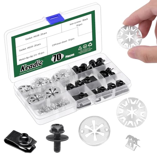 Keadic 70 Pcs Hardware Accessory Set, Include CIP9 Iron Sheet,Iron Screws,Metal Clasp -3#,Gasket - HG58,Gasket - HG59,for Fastening Clips and Heat Shields Under The Hood