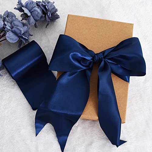 Toniful 4 In X 22Yds Wide Navy Blue Satin Ribbon Solid Fabric Large Ribbon For Cutting Ceremony Kit Grand Opening Chair Sash Table Hair Car Bow Sewing Craft Gift Wrapping Wedding Party Decoration #TOP3