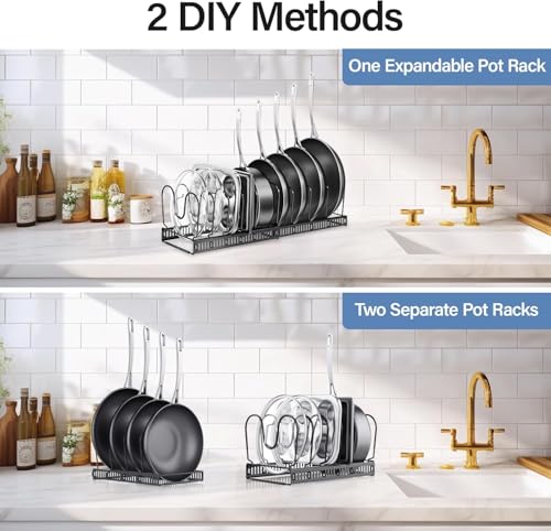 Image of 10-Tier Expandable Pot and Pan Organizer Rack - Adjustable Heavy-Duty Metal Kitchen Cabinet Holder for Pots, Lids, Skillets & Bakeware