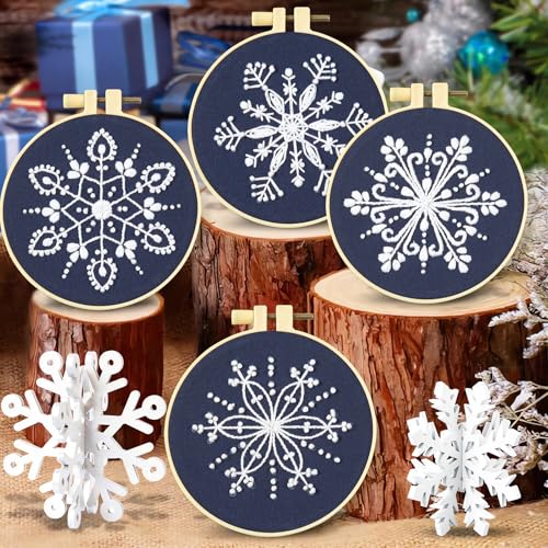 Image of Armindou Christmas Embroidery Starter Kits for Beginners Adults, Winter Snowflake Hand Embroidery Needlepoint DIY Kits, Christmas Stamped Cross Stitch Kits for Beginners Adults, 4 Set Embroidery Hoops
