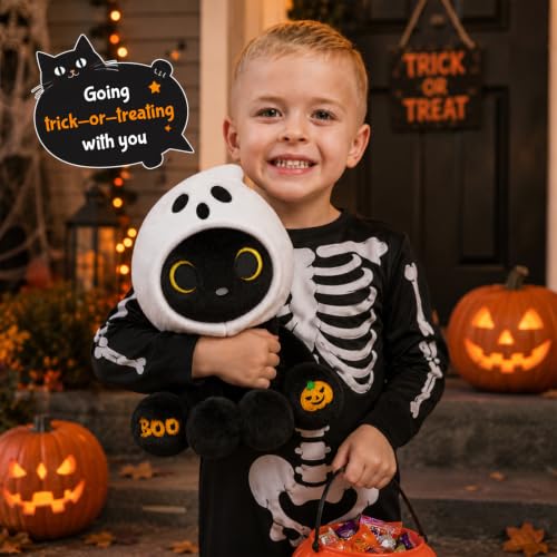 Image of Halloween Cat Stuffed Animal in Spooky Ghost Hood | 8inch Halloween Stuffed AnimalGhost Plushie with BOO & Pumpkin Paw, Halloween Basket Stuffers Gifts