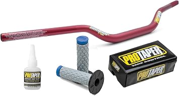 Pro Taper 2829DRED Red CR High Contour handlebars & 024852 Blue Pillow Blue Top Grips with TY-5AN Grip Glue