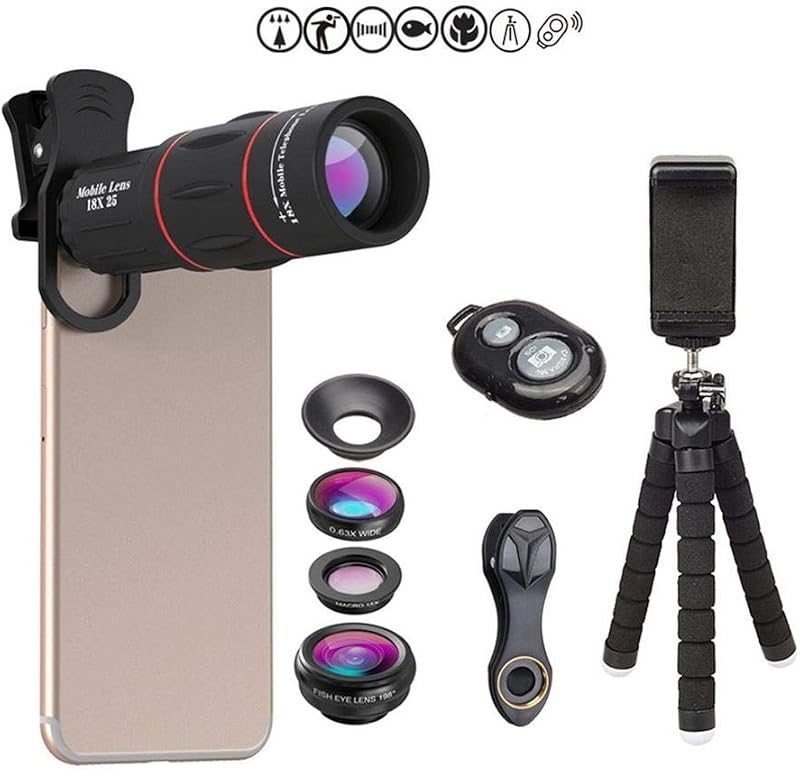 Phone Camera Lens Kit,4 in 1 Cell Phone Camera Lenses Kit - 18X Telescopic Lens + 198° Fisheye Lens + 0.36 Super Wide Angle Lens 15X Macro Lens