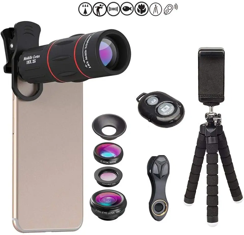 Kit de lentes de câmera de telefone, kit de lentes de câmera de celular 4 em 1 - lente telescópica 18X + lente olho de peixe de 198° + lente super grande angular 0,36 lente macro 15X