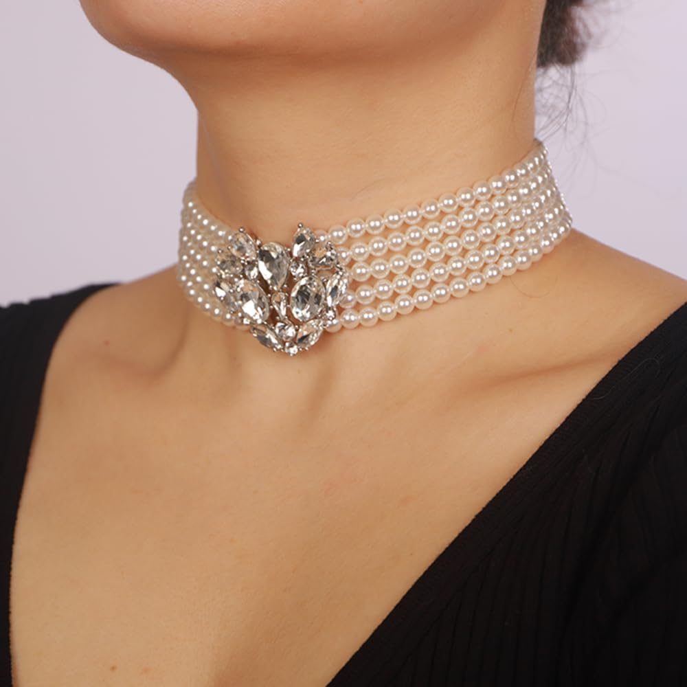 5Tier Boho Fashion Prom Shinny Rhinestones Pearls Circle Love Choker Necklace Dainty Layered Sexy Body Chain Choker Necklace Dainty Colorful Silver Halloween Christmas Necklace Jewelry Gift for Women - Image 3