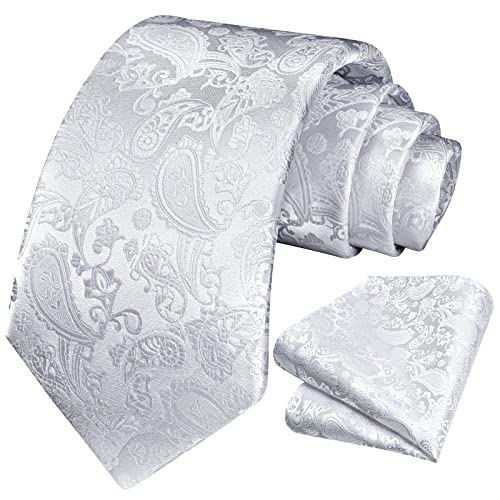 Hisdern White Mens Tie Paisley Floral Ties For Men Solid Classic Formal Handkerchief Men's Neckties And Pocket Square Set Tuxedo For Wedding #TOP1