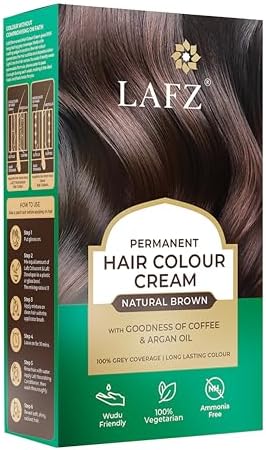 Lafz Halal Permanent Hair Color | No Ammonia Formula infused with Coffee & Argan oil | 100% Gray Coverage | Long lasting Colour | Smoothness & Shine | For Men & Women | Halal Certified | Natural Brown, 130ml