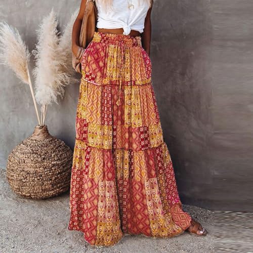 Boho Maxi Skirts for Women Pleated High Waisted Tiered A Line Skirt 2025 Summer Casual Flowy Long Skirts with Pockets3