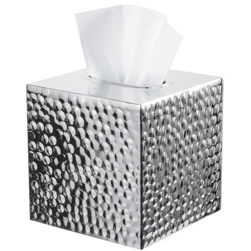 MyGift Modern Hammered Silver Tone Metal Cube Facial Tissue Box Cover with Open Bottom Decorative Pebbled Texture Square Holder for Bathroom Tissues - Handcrafted in India