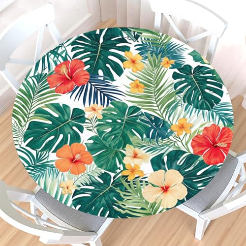 Tropical Palm Leaves Round Fitted Tablecloth with Elastic Edge,Water-Resistant Wipeable Reusable Picnic Spring Summer Floral Table Cover for 40-44" Stretch Table Cloth for Dinner Indoor Outdoor Party
