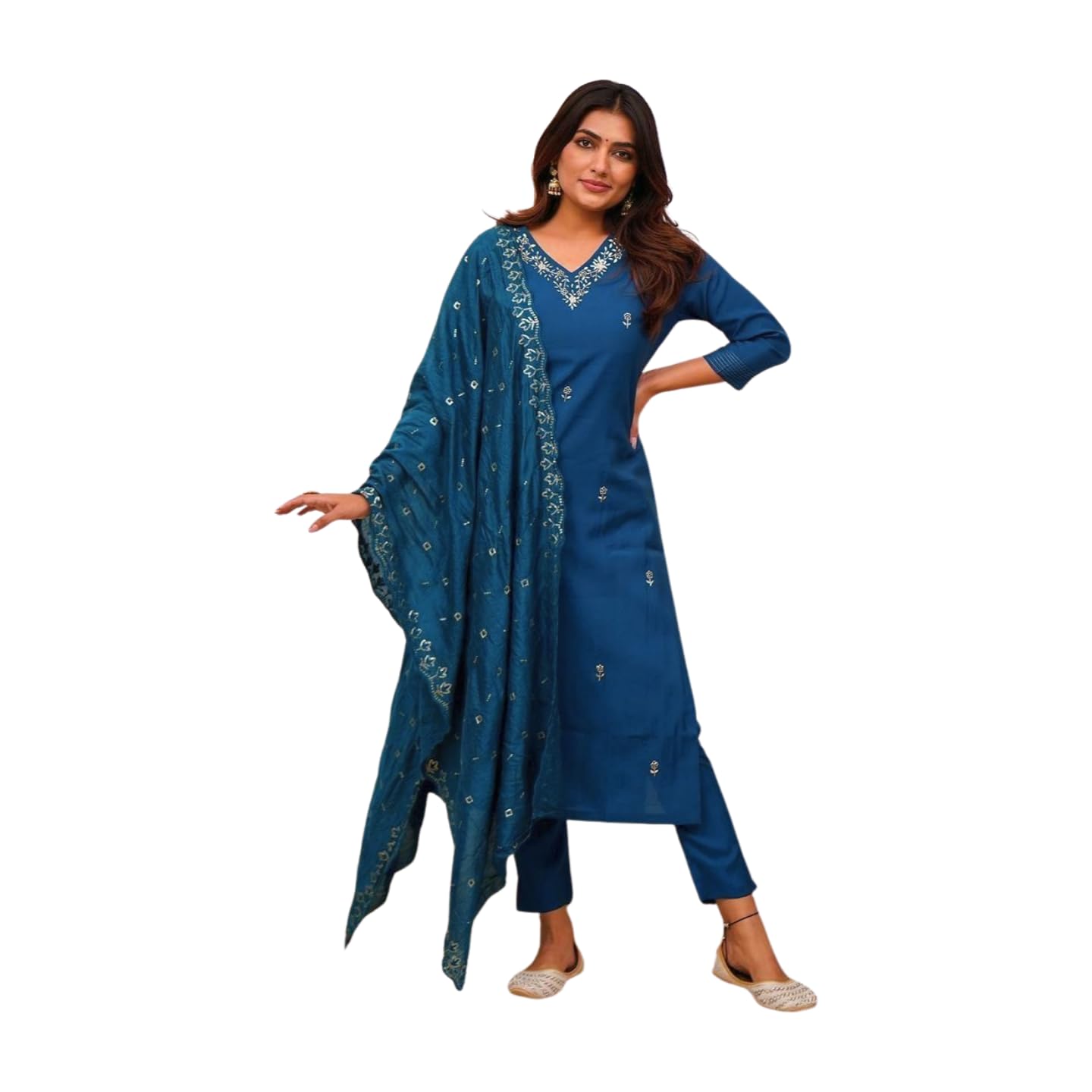 Shiv Textiles Women's Chanderi Silk Embroidered Kurta Pant Dupatta Set(Jda-Zarana-Blue-S)