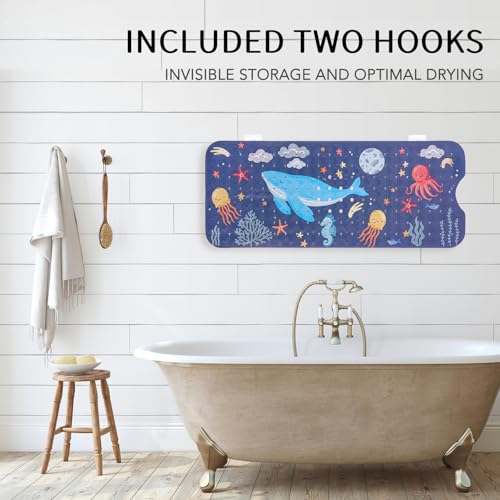 Image of PRATIQUE Kids Bath Mat for Tub Non Slip，40 X 16 Inch Extra Long Kids Bathtub Mat Ocean Bathtub Shower Mat Safety Anti Slip with Suction Cups and Drain Holes, Machine Washable(Dark Bule Whale)