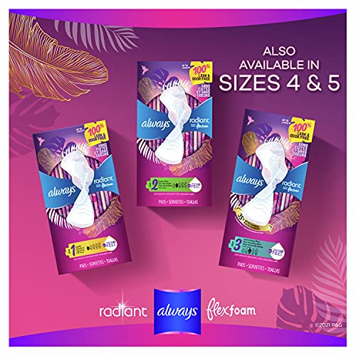 Always Radiant Feminine Pads For Women, Size 1 Regular Absorbency, Multipack, With Flexfoam, With Wings, Light Clean Scent, 30 Count X 3 Packs (90 Count Total) #TOP4
