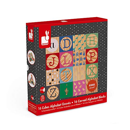 Image of Janod Kubix 16 Wooden Alphabet and Numbers Blocks - Ages 2+ - J08078