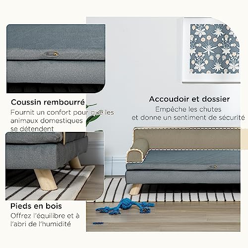 PawHut Canapé pour Chien Chat Design scandinave Coussin Moelleux Amovible Pieds Bois Massif 100 x 62 x 32 cm Gris – Image 6